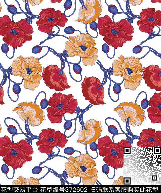 花卉手绘清雅传统印花华亿平台下载（图片编号: 372602） - 瓦栏（Walan）