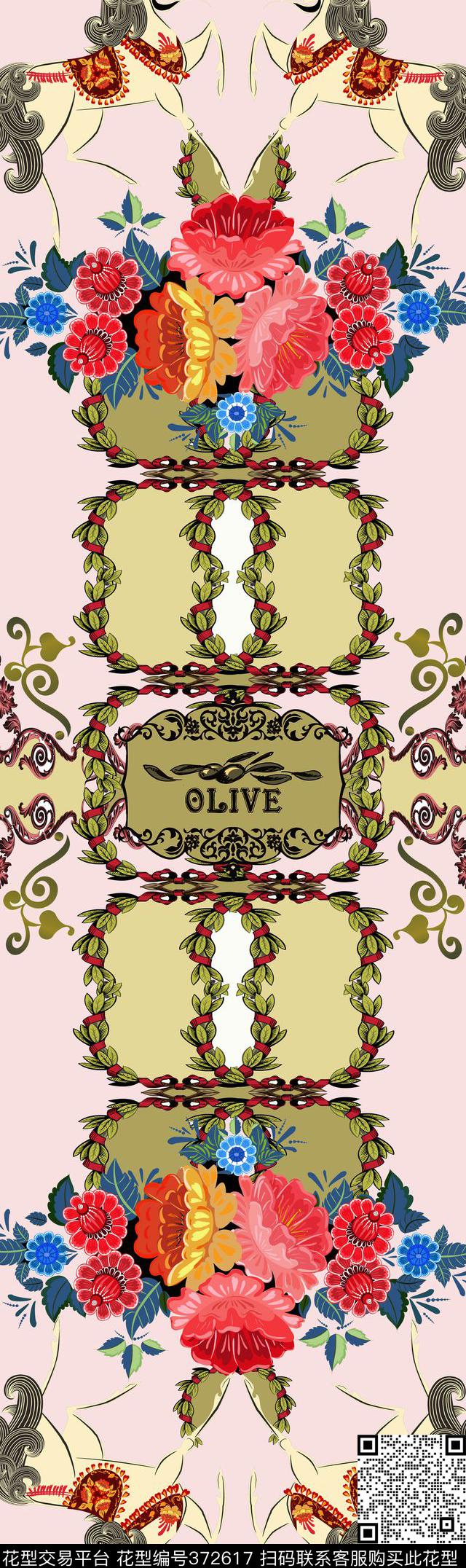 花卉卷草纹马传统印花华亿平台下载（图片编号: 372617） - 瓦栏（Walan）