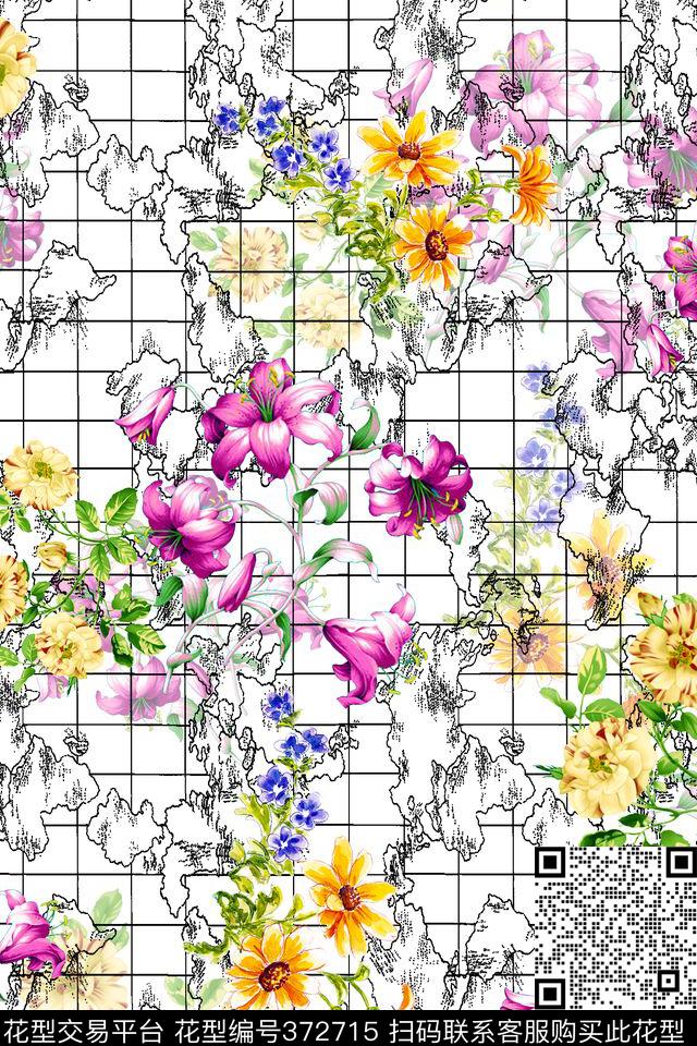 黑白线条格子几何花数码印花华亿平台下载（图片编号: 372715） - 瓦栏（Walan）