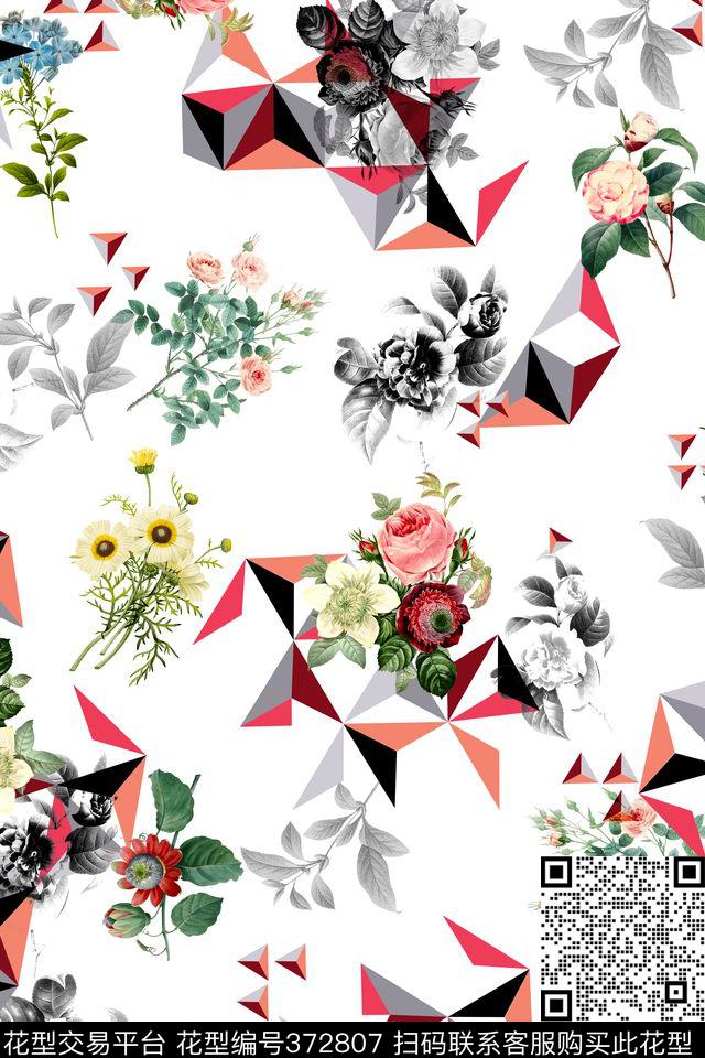 菱形变换几何素雅花多数码印花华亿平台下载（图片编号: 372807） - 瓦栏（Walan）
