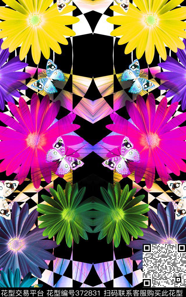 雏菊几何蝴蝶数码印花华亿平台下载（图片编号: 372831） - 瓦栏（Walan）