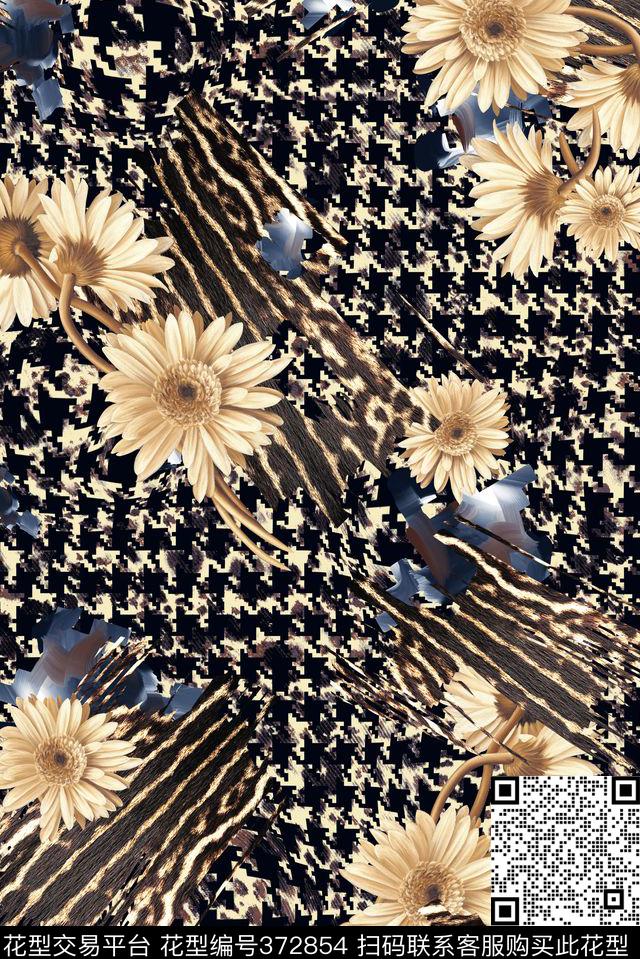 高端男装女装千鸟格小花数码华亿平台千鸟格小花花卉组合数码印花华亿平台下载（图片编号: 372854） - 瓦栏（Walan）