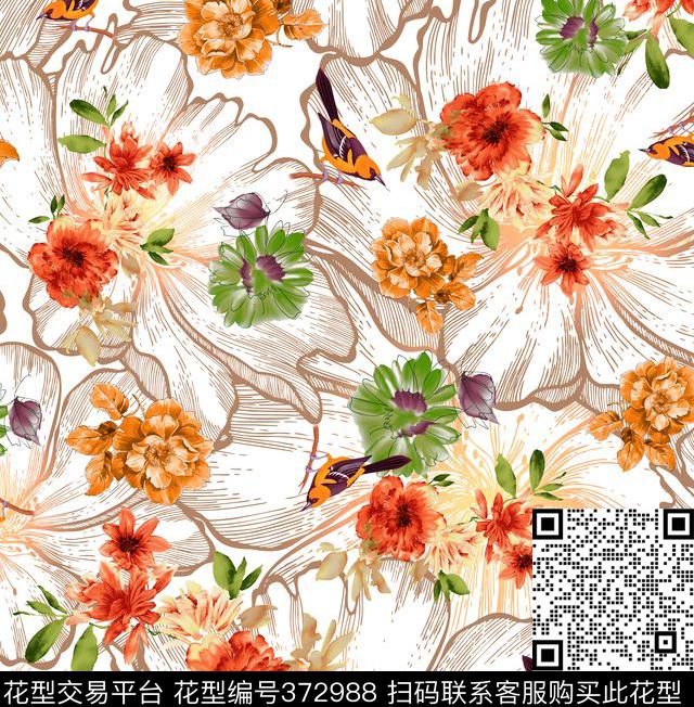 花卉鸟浪漫数码印花华亿平台下载（图片编号: 372988） - 瓦栏（Walan）