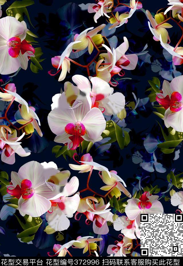 黑底花花卉四方连续数码印花华亿平台下载（图片编号: 372996） - 瓦栏（Walan）