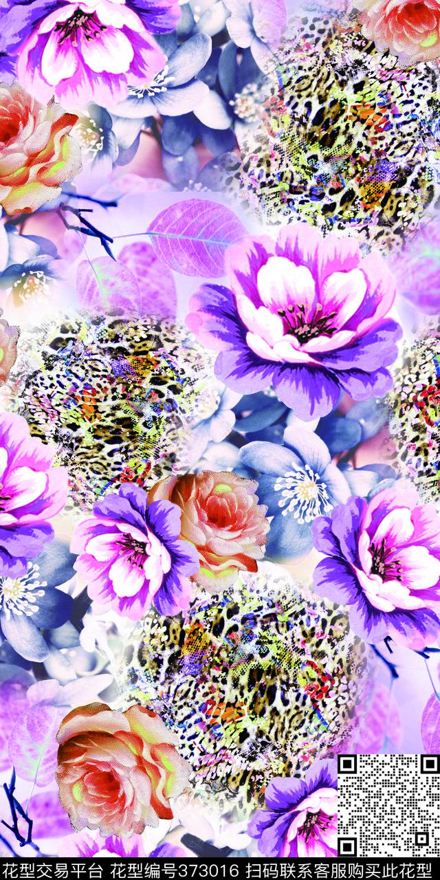 豹纹手绘花时尚花卉数码印花华亿平台下载（图片编号: 373016） - 瓦栏（Walan）