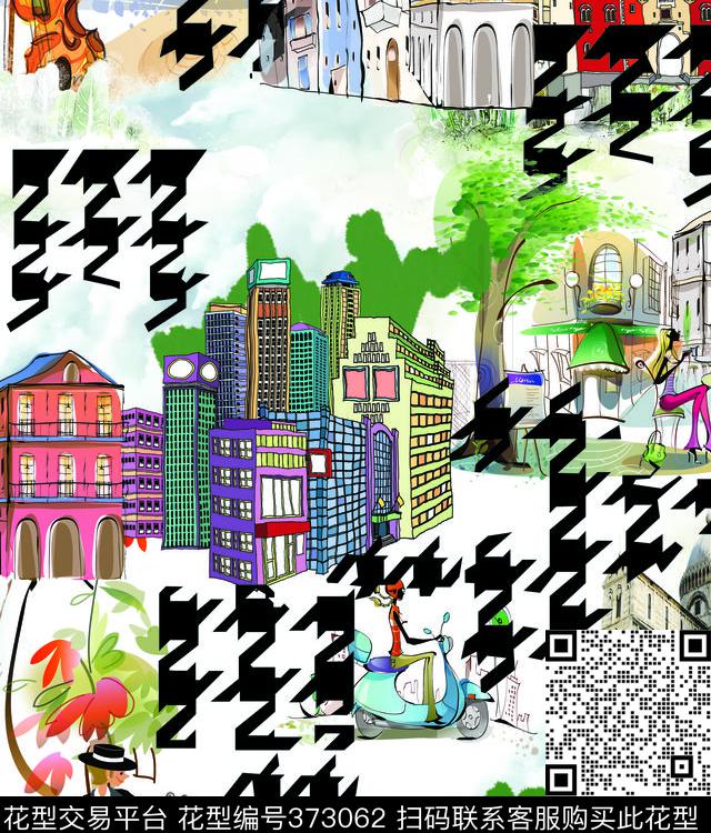 千鸟格时尚插画楼房写意数码印花华亿平台下载（图片编号: 373062） - 瓦栏（Walan）