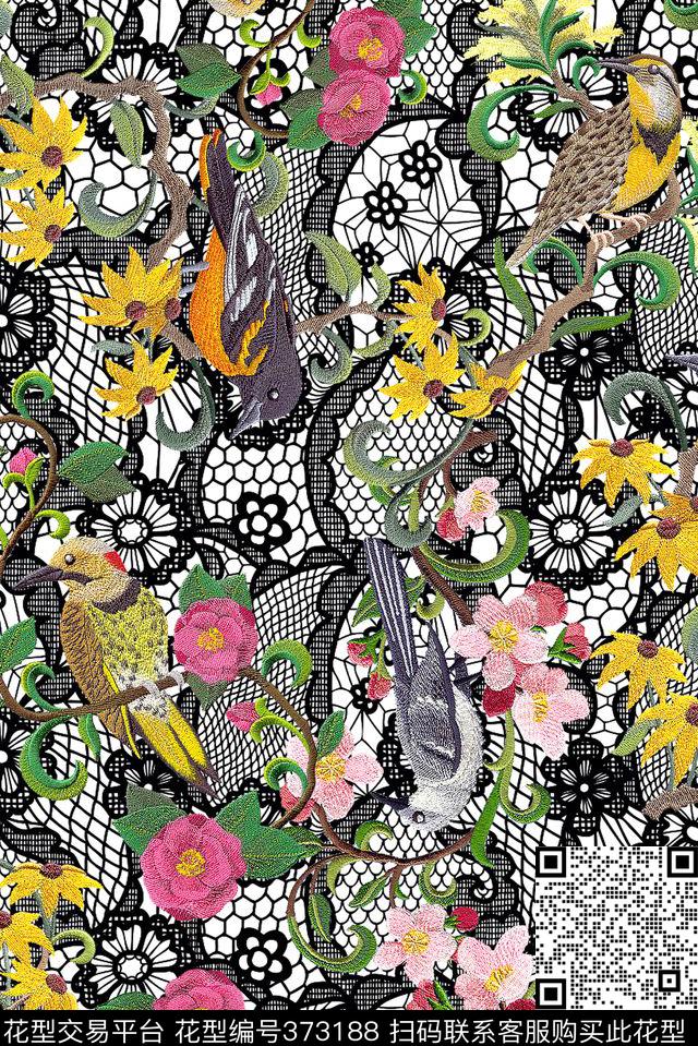 蕾丝绣花鸟花卉数码印花华亿平台下载（图片编号: 373188） - 瓦栏（Walan）