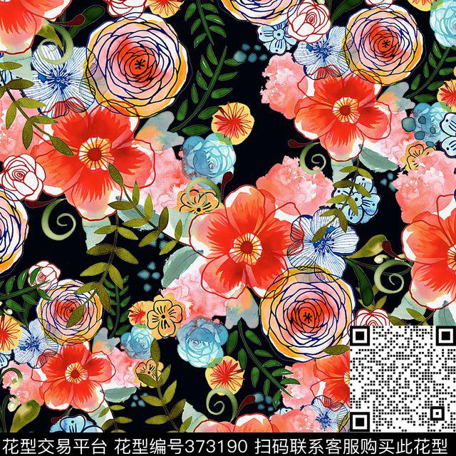 清新手绘数码印花华亿平台下载（图片编号: 373190） - 瓦栏（Walan）