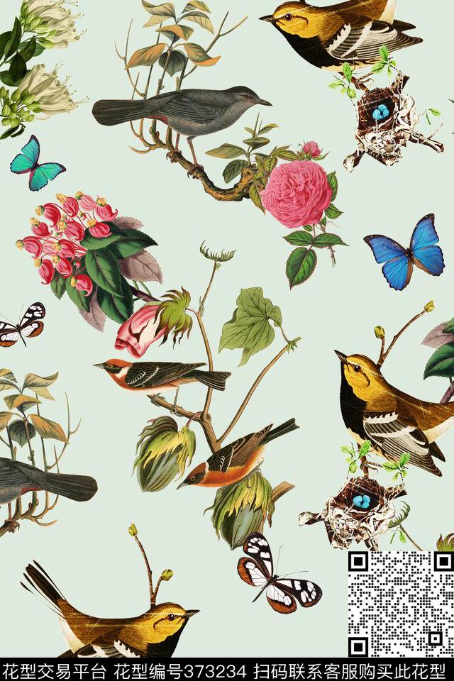 田园花卉小鸟数码印花华亿平台下载（图片编号: 373234） - 瓦栏（Walan）