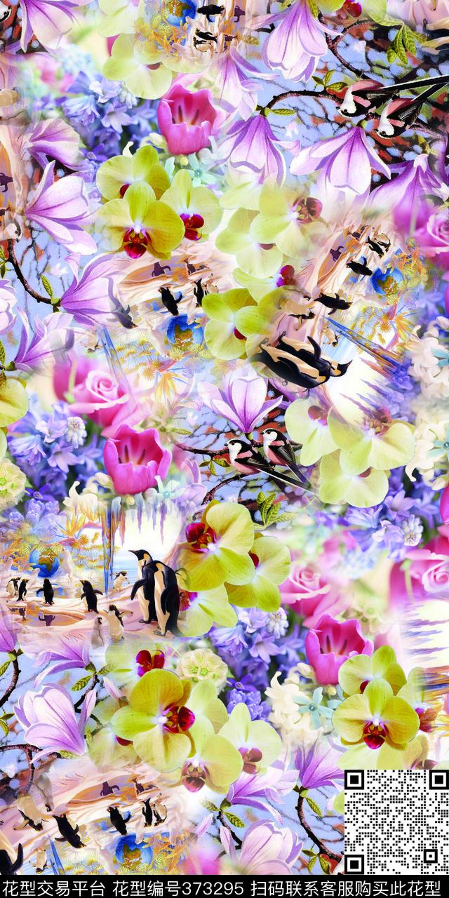 时尚企鹅花花卉数码印花华亿平台下载（图片编号: 373295） - 瓦栏（Walan）