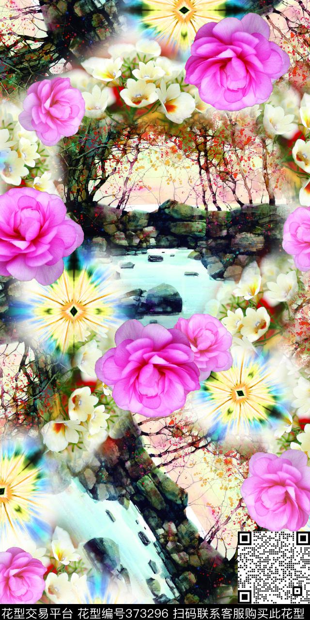时尚手绘风景花花卉数码印花华亿平台下载（图片编号: 373296） - 瓦栏（Walan）
