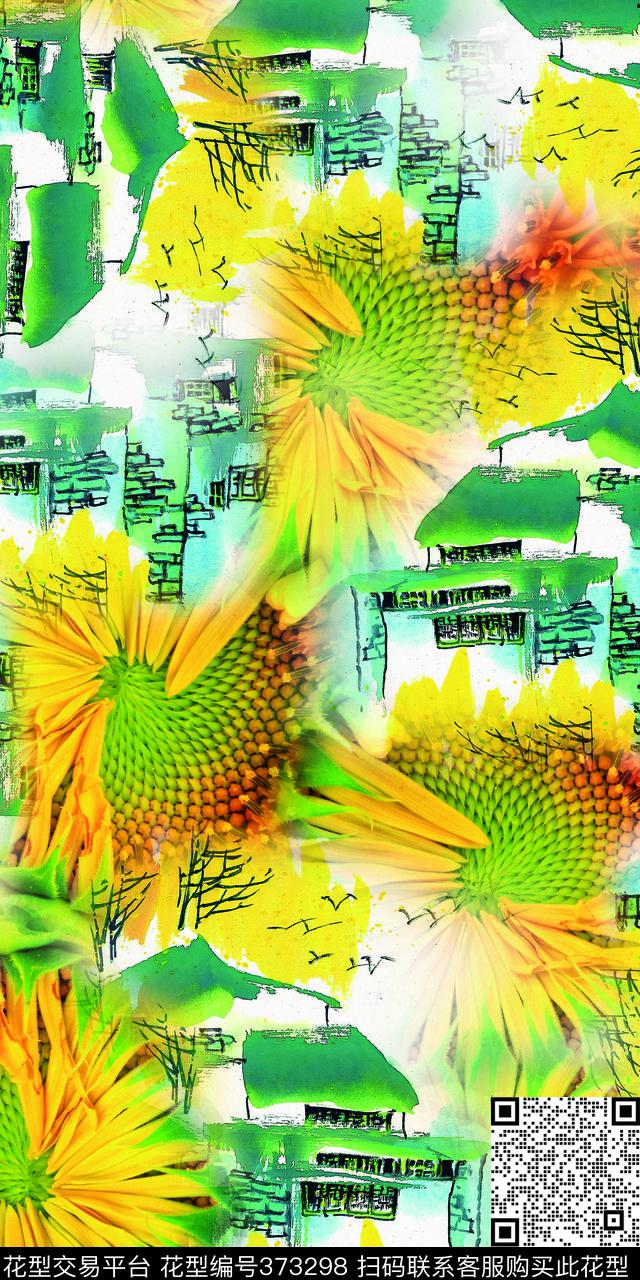 时尚向日葵花卉数码印花华亿平台下载（图片编号: 373298） - 瓦栏（Walan）
