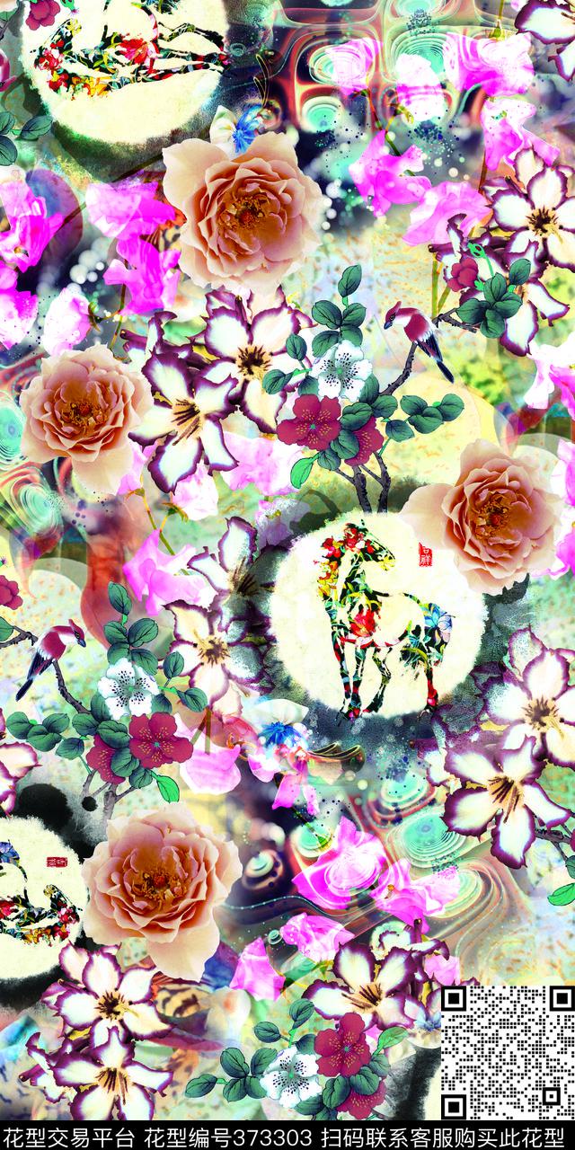 手绘马花花花卉数码印花华亿平台下载（图片编号: 373303） - 瓦栏（Walan）