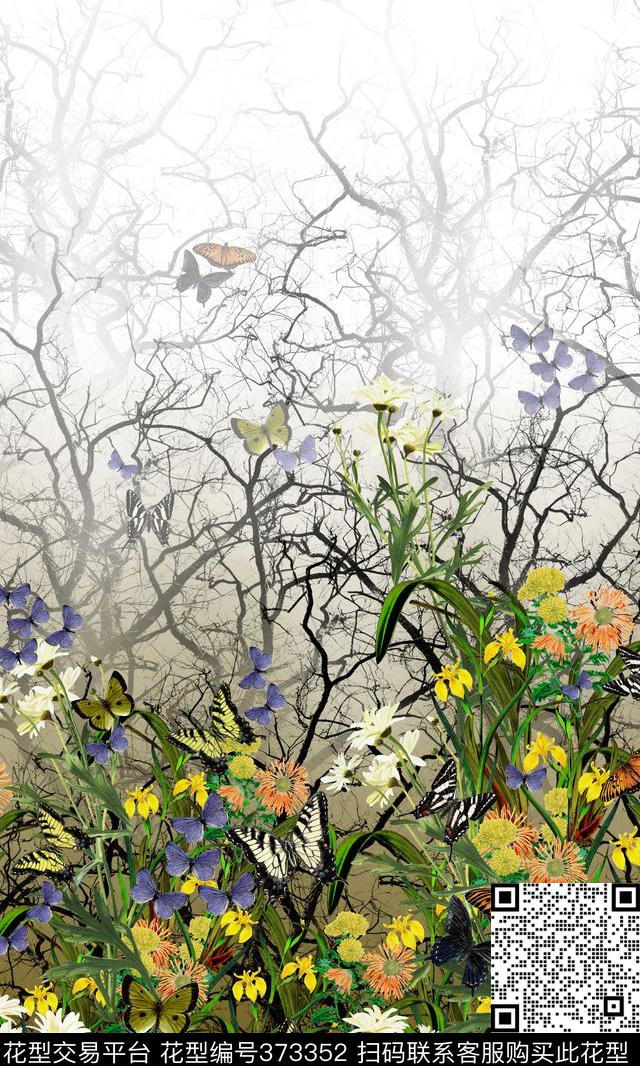 热带树枝蝴蝶数码印花华亿平台下载（图片编号: 373352） - 瓦栏（Walan）