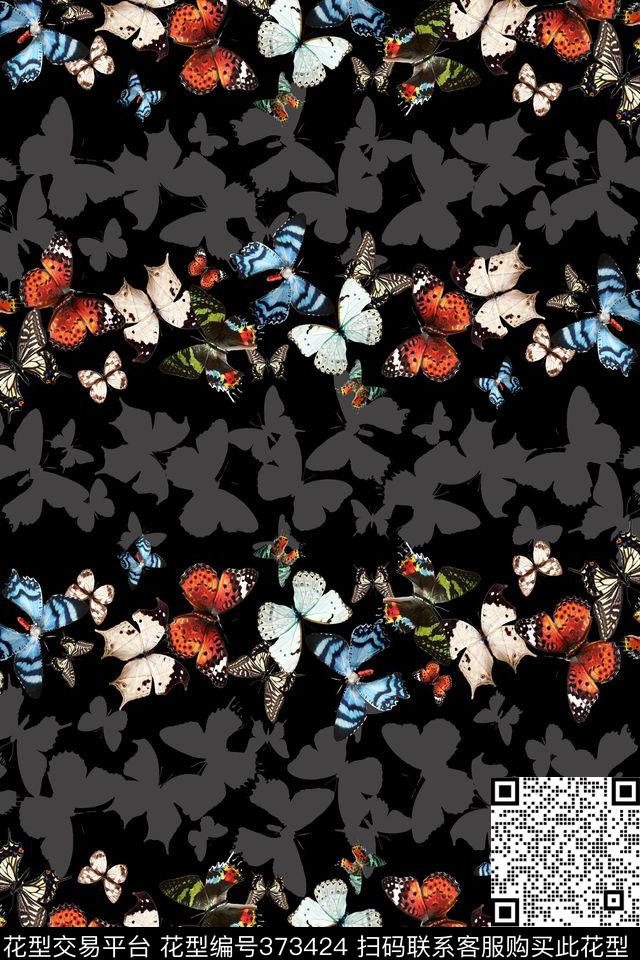 黑底多彩蝴蝶影子数码印花华亿平台下载（图片编号: 373424） - 瓦栏（Walan）