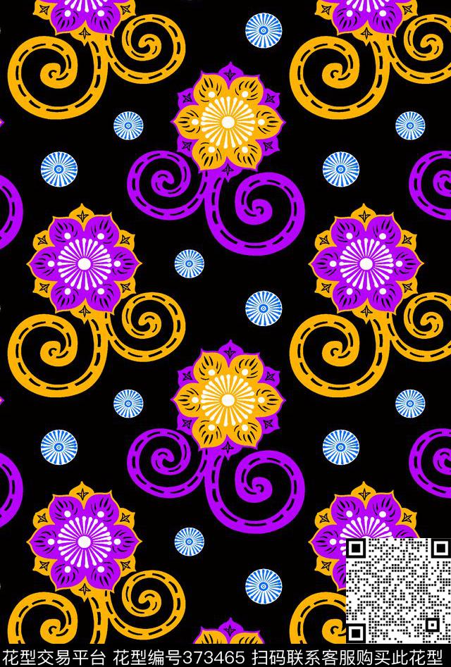 花卉黑底向阳花传统印花华亿平台下载（图片编号: 373465） - 瓦栏（Walan）