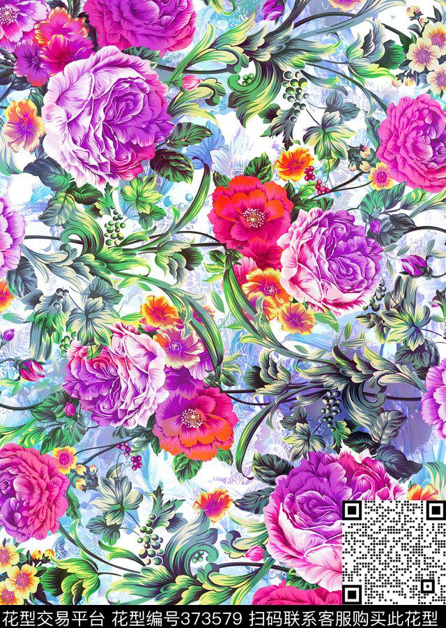 复古花卉旗袍艺术数码印花华亿平台下载（图片编号: 373579） - 瓦栏（Walan）