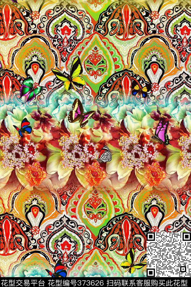 几何花卉蝴蝶数码印花华亿平台下载（图片编号: 373626） - 瓦栏（Walan）