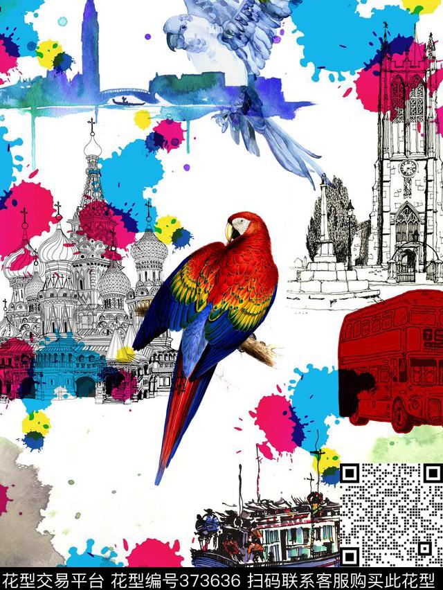 手绘复古鹦鹉数码印花华亿平台下载（图片编号: 373636） - 瓦栏（Walan）