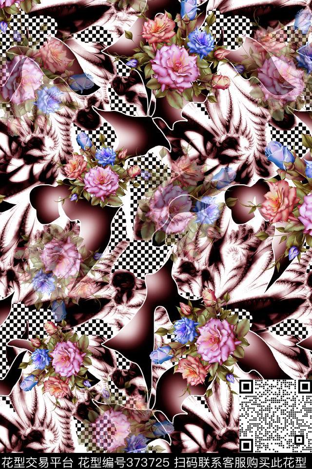 黑白格花朵抽象数码印花华亿平台下载（图片编号: 373725） - 瓦栏（Walan）