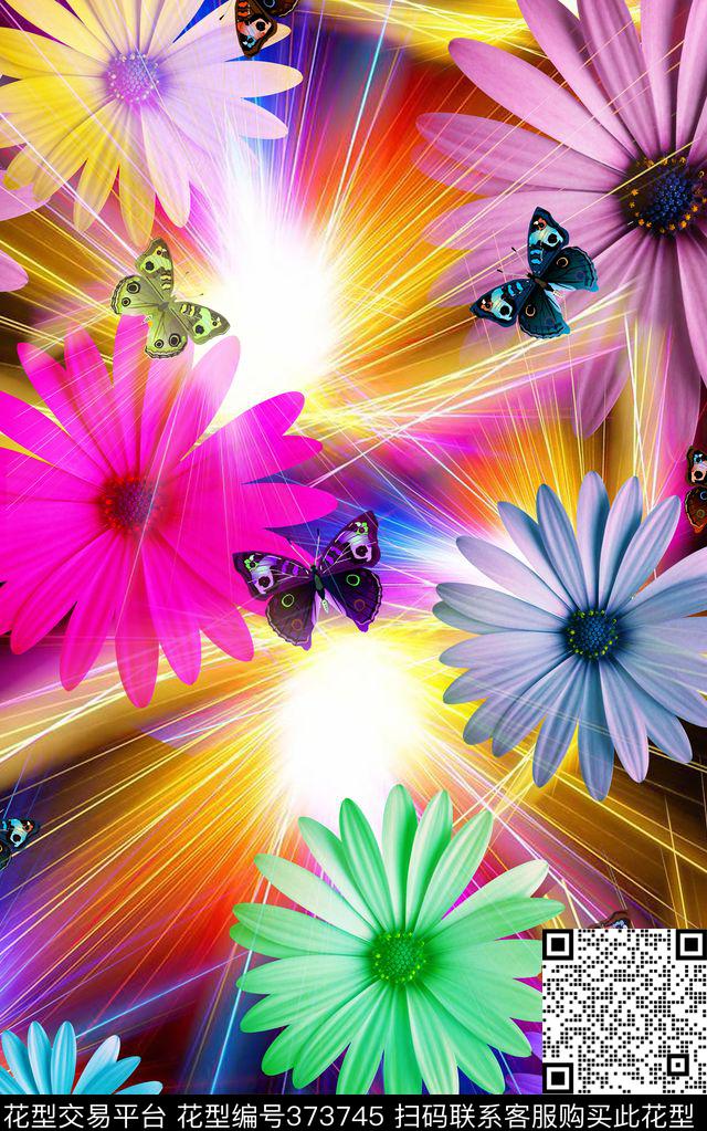 梦幻蝴蝶雏菊数码印花华亿平台下载（图片编号: 373745） - 瓦栏（Walan）