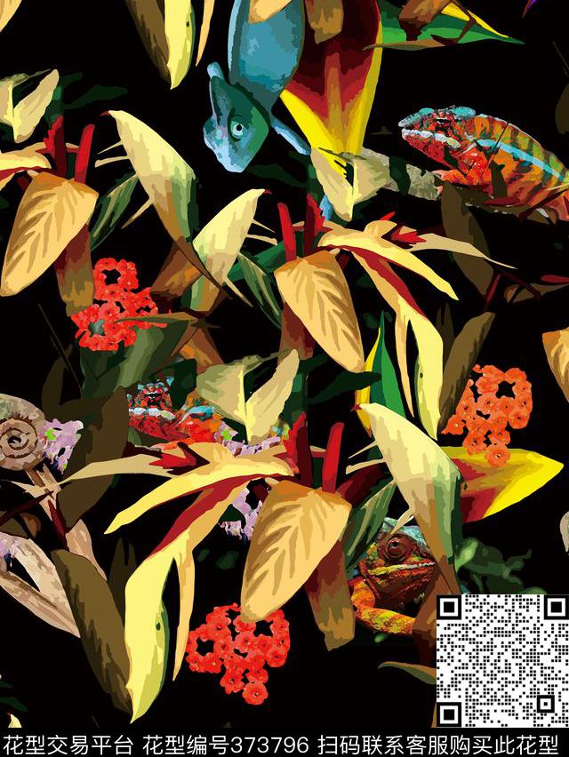 花叶热带变色龙热带风情色彩数码印花华亿平台下载（图片编号: 373796） - 瓦栏（Walan）