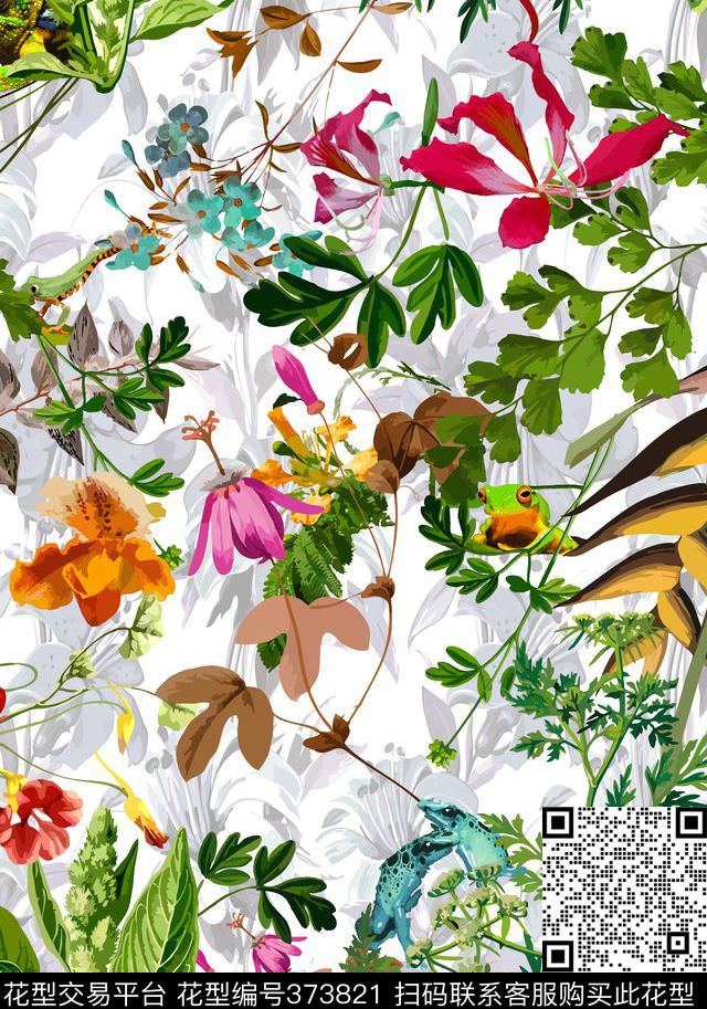花卉热带风情树蛙花卉传统印花华亿平台下载（图片编号: 373821） - 瓦栏（Walan）
