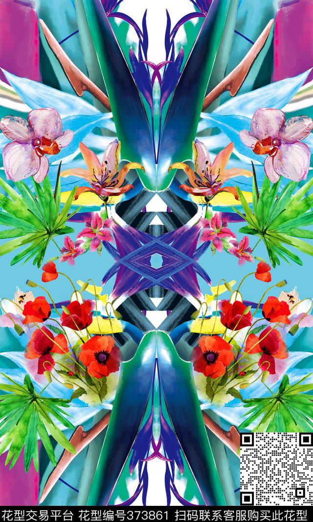 时尚科技水彩花卉对称数码印花华亿平台下载（图片编号: 373861） - 瓦栏（Walan）
