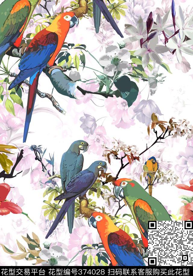 热带色彩鹦鹉花卉色彩数码印花华亿平台下载（图片编号: 374028） - 瓦栏（Walan）