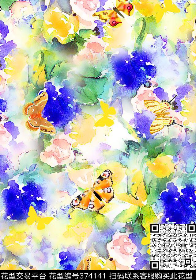 写意蝴蝶水彩花数码印花华亿平台下载（图片编号: 374141） - 瓦栏（Walan）