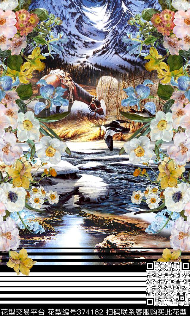 时尚风景花卉数码印花华亿平台下载（图片编号: 374162） - 瓦栏（Walan）