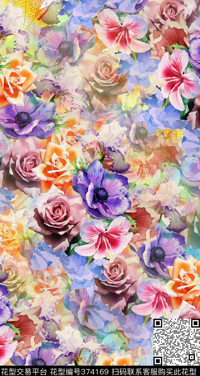 花卉满版手绘花数码印花华亿平台下载（图片编号: 374169） - 瓦栏（Walan）