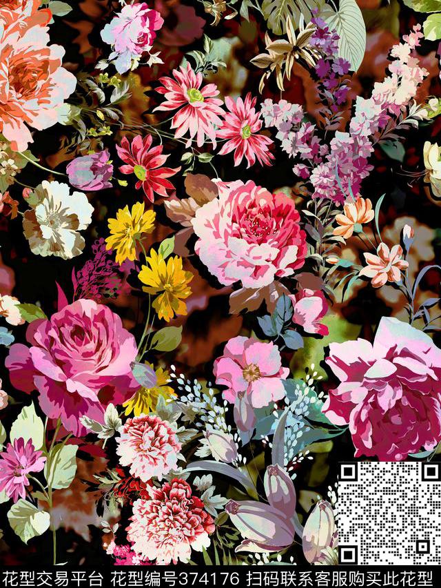 数码水彩花卉色彩数码印花华亿平台下载（图片编号: 374176） - 瓦栏（Walan）