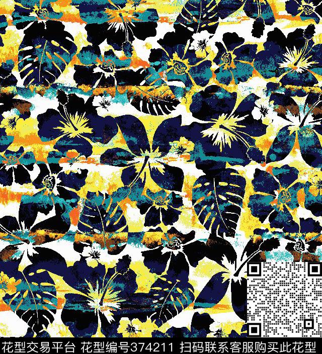 热带写意花泳衣/内衣/服饰面料华亿平台传统印花华亿平台下载（图片编号: 374211） - 瓦栏（Walan）