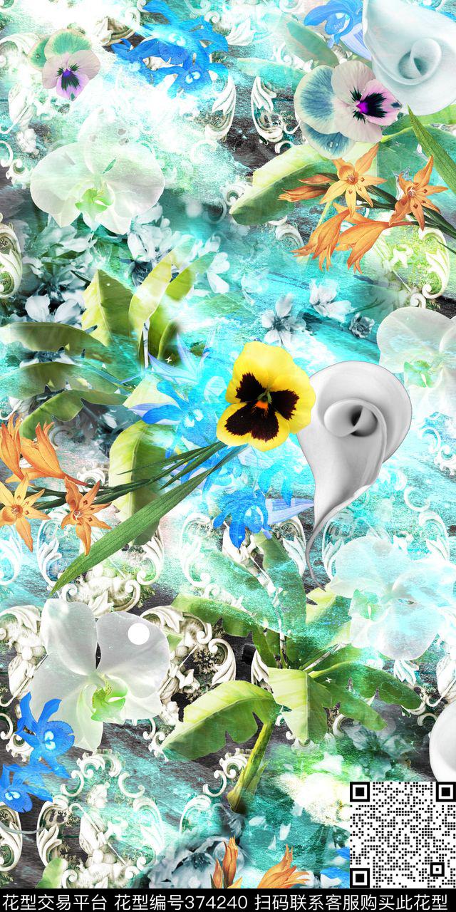 抽象数码男装女装抽象花卉花卉组合数码印花华亿平台下载（图片编号: 374240） - 瓦栏（Walan）