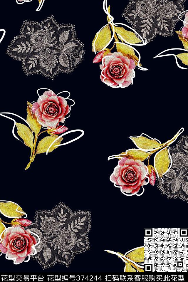 数码花卉女装花卉花卉组合数码印花华亿平台下载（图片编号: 374244） - 瓦栏（Walan）