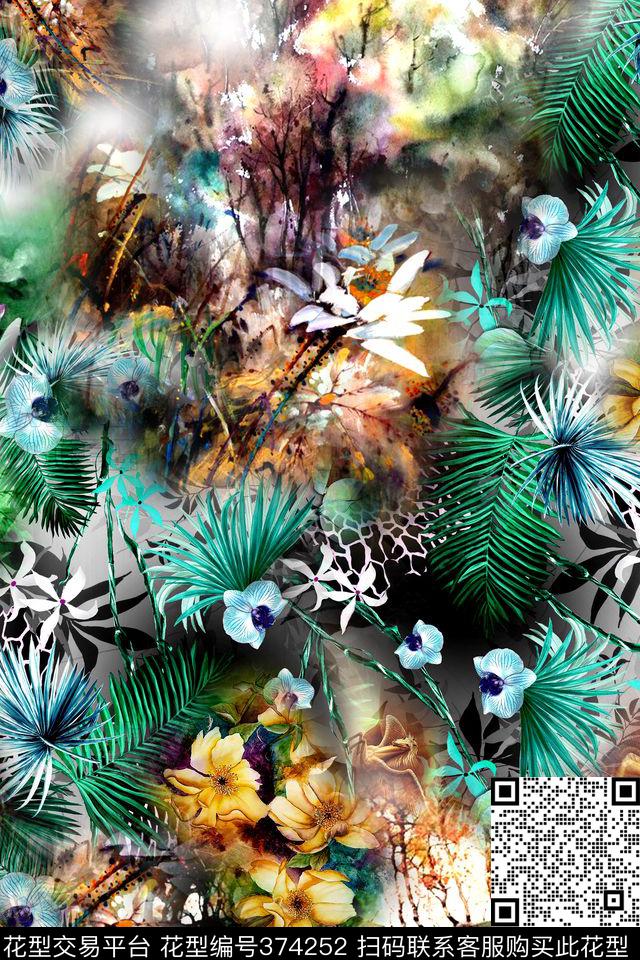 热带风枝条花数码印花华亿平台下载（图片编号: 374252） - 瓦栏（Walan）