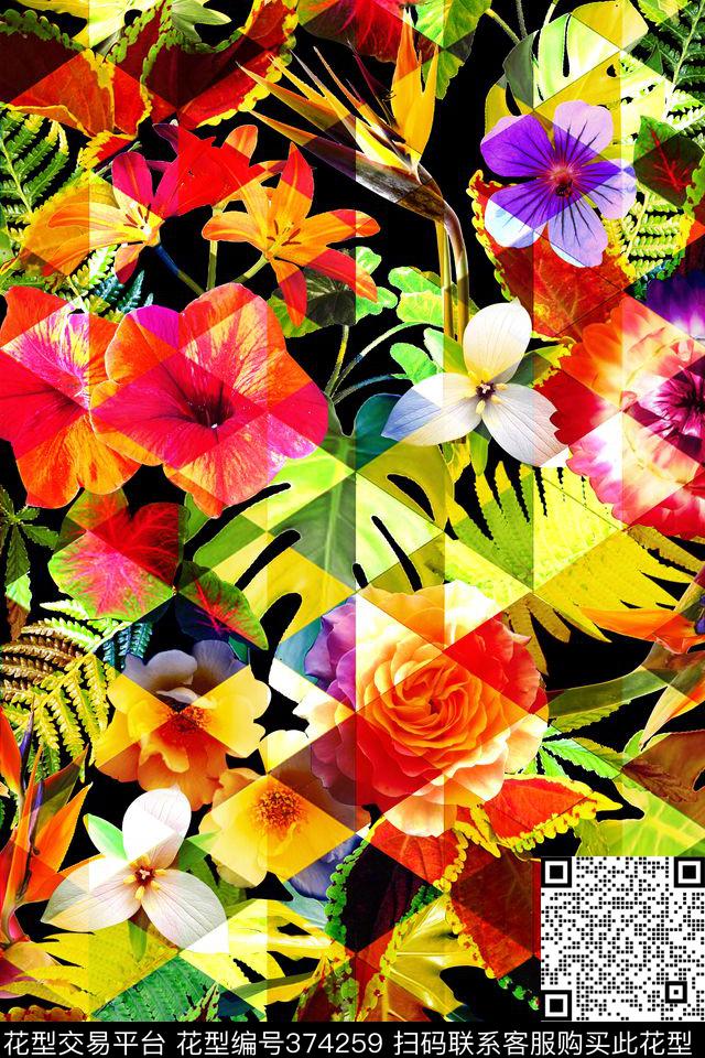 花卉几何抽象简洁数码印花华亿平台下载（图片编号: 374259） - 瓦栏（Walan）