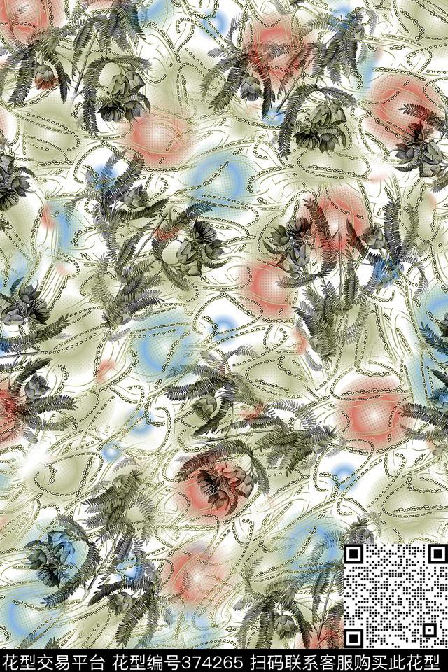 清新点状线条手绘花数码印花华亿平台下载（图片编号: 374265） - 瓦栏（Walan）