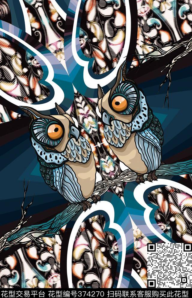 民族风猫头鹰欧式复古数码印花华亿平台下载（图片编号: 374270） - 瓦栏（Walan）