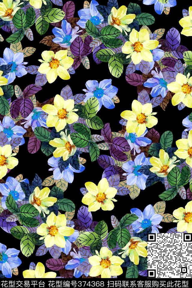 黑底小碎花手绘数码印花华亿平台下载（图片编号: 374368） - 瓦栏（Walan）