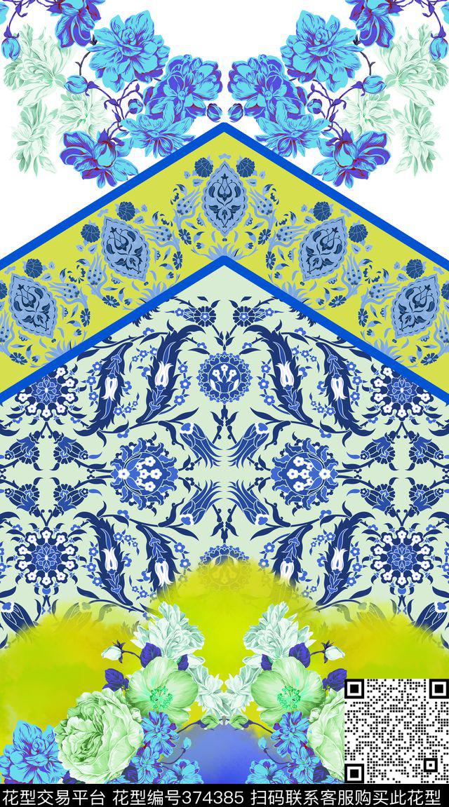 民族风欧式青花瓷靛蓝花卉数码印花华亿平台下载（图片编号: 374385） - 瓦栏（Walan）