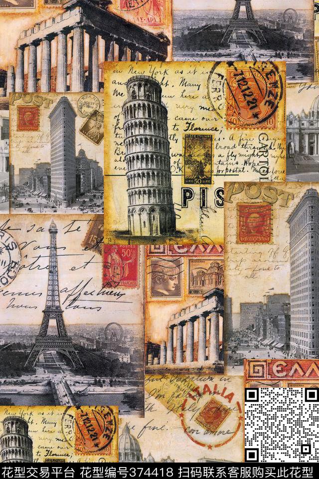 复古建筑邮票数码印花华亿平台下载（图片编号: 374418） - 瓦栏（Walan）