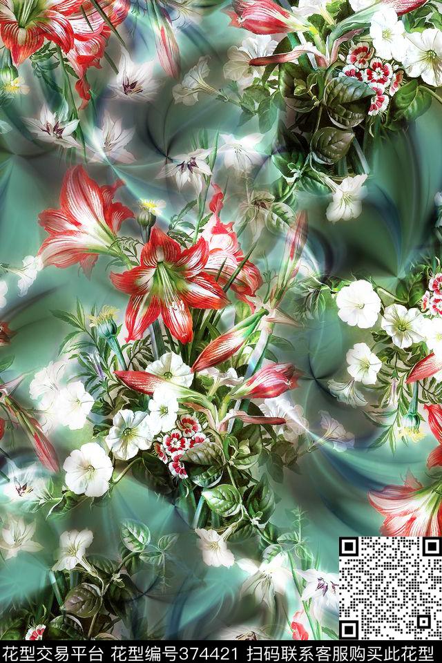 抽象炫光百合花数码印花华亿平台下载（图片编号: 374421） - 瓦栏（Walan）
