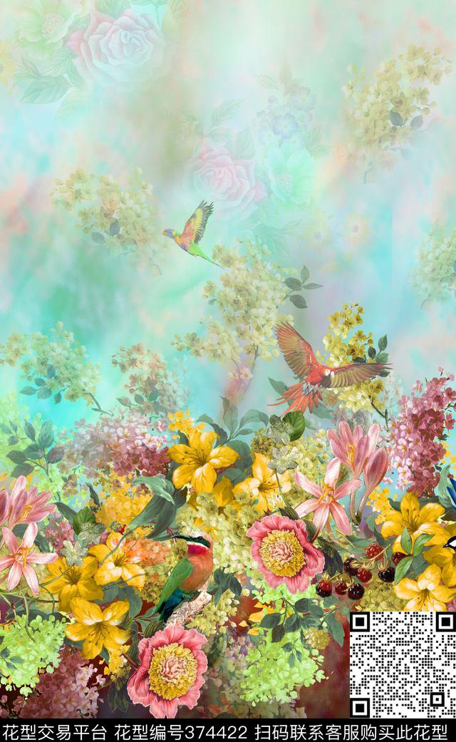 时尚花卉小鸟数码印花华亿平台下载（图片编号: 374422） - 瓦栏（Walan）