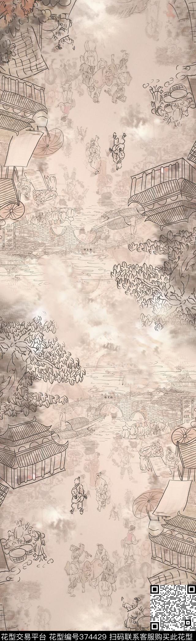 防古树木房屋绘画数码印花华亿平台下载（图片编号: 374429） - 瓦栏（Walan）