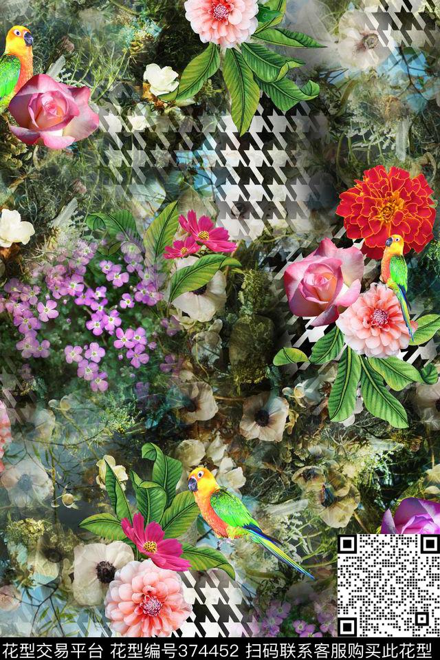 花卉千鸟格鸟数码印花华亿平台下载（图片编号: 374452） - 瓦栏（Walan）