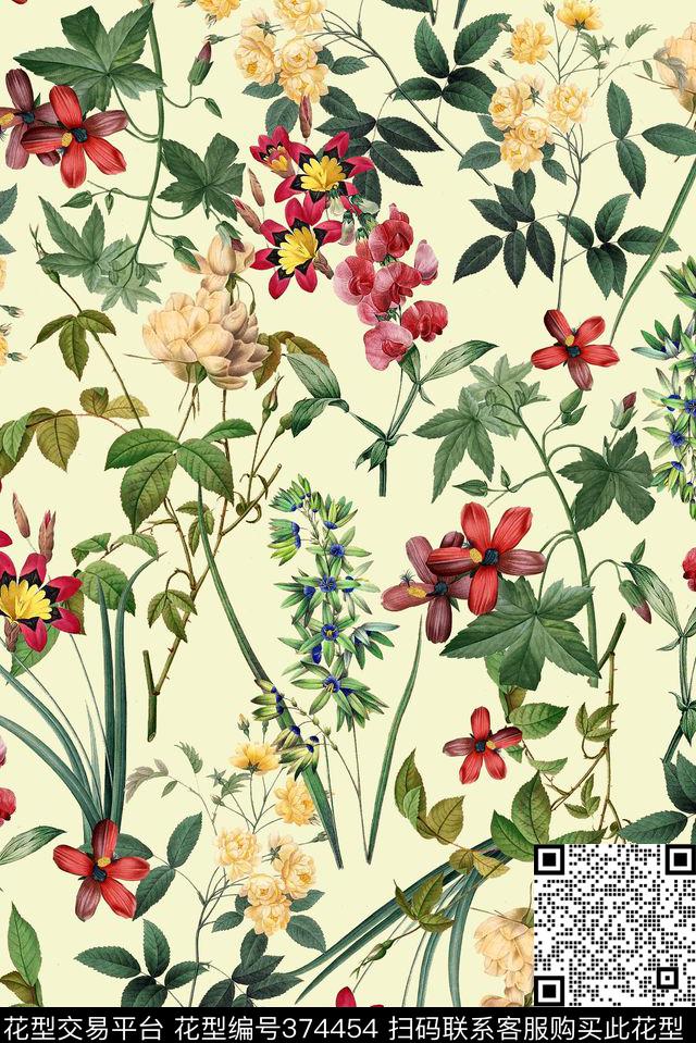 手绘花卉组合花卉数码印花华亿平台下载（图片编号: 374454） - 瓦栏（Walan）