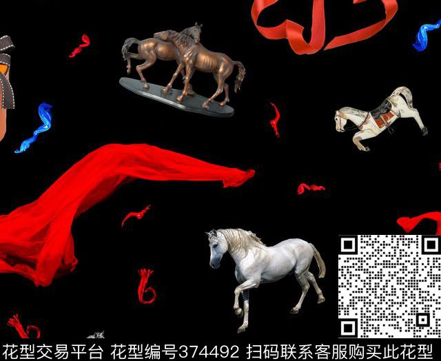 复古彩带马数码印花华亿平台下载（图片编号: 374492） - 瓦栏（Walan）