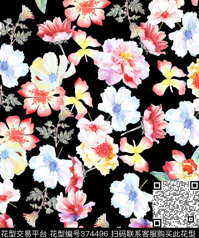 水彩画花朵数码印花华亿平台下载（图片编号: 374496） - 瓦栏（Walan）